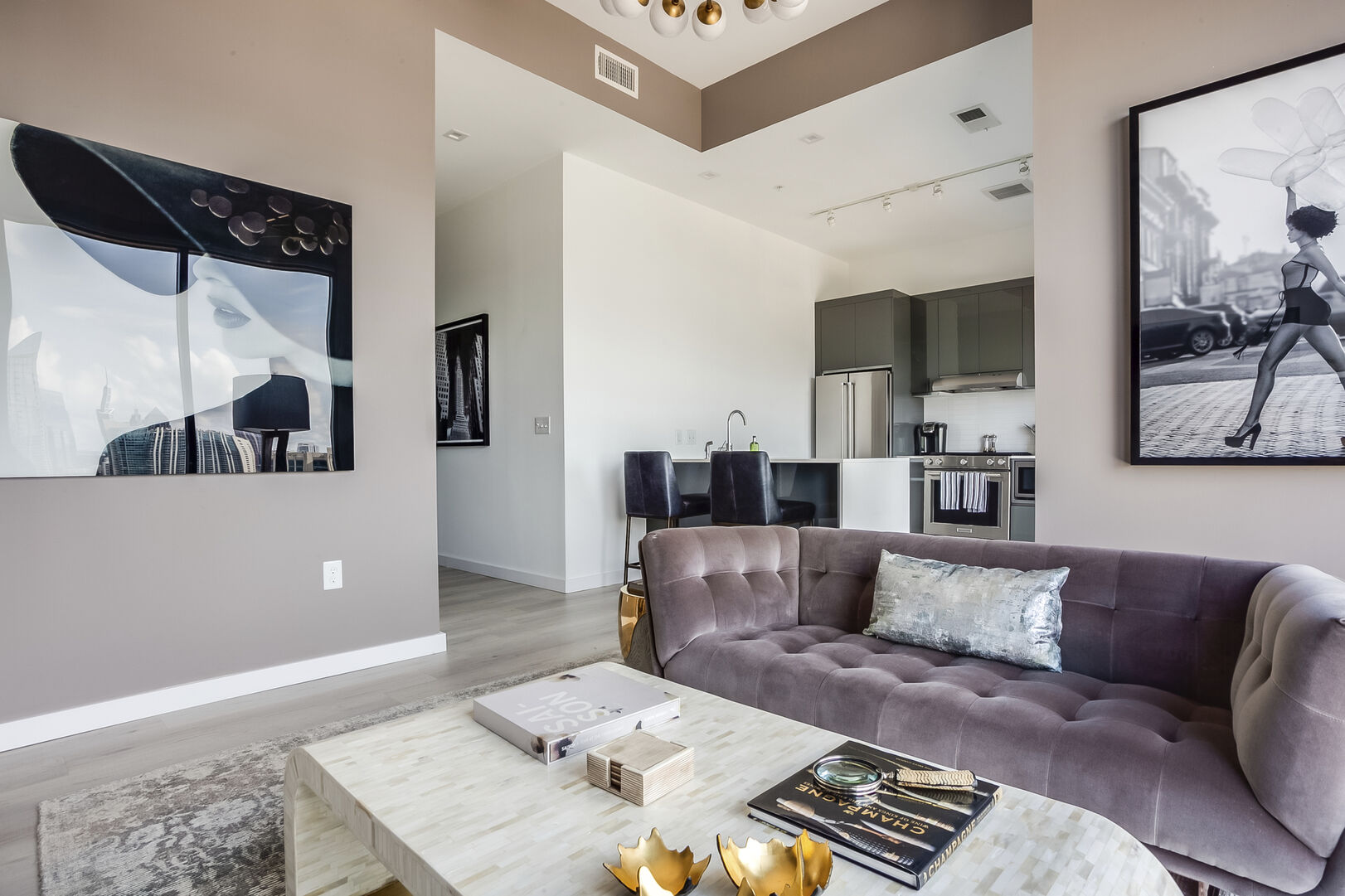 Living Area with Sofa and View into Kitchen