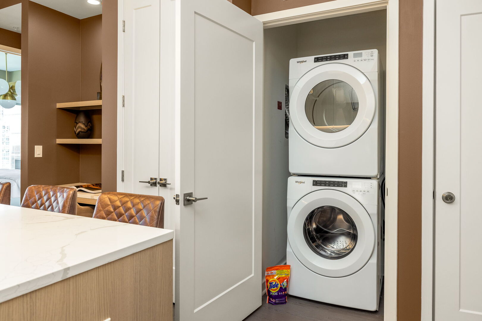 In-unit washer and dryer, stocked with Tide pods and bleach