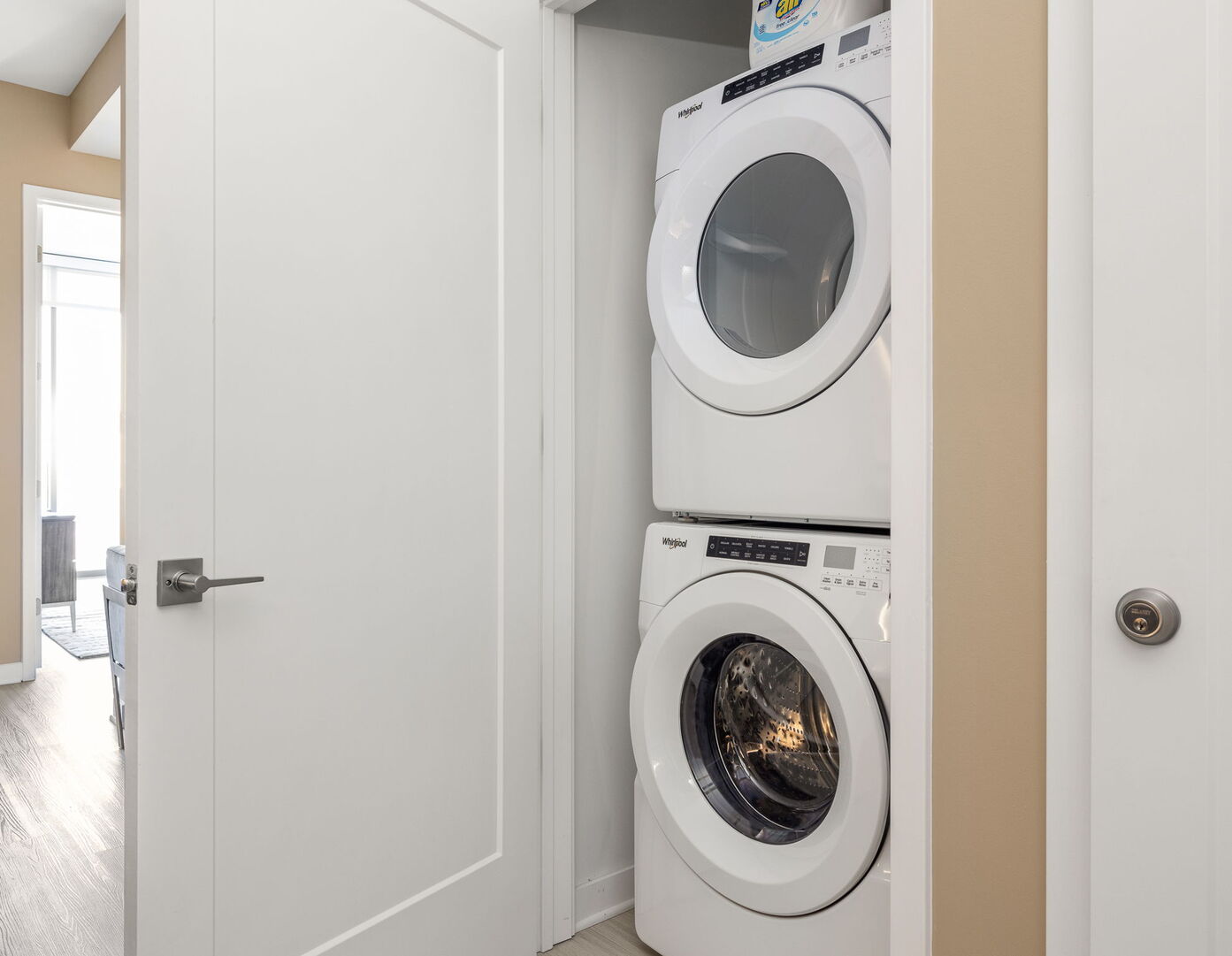 In-unit washer and dryer, stocked with Tide pods and bleach