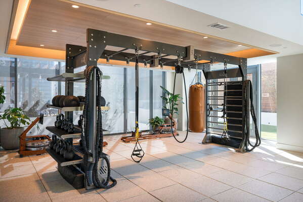 TRX Suspension Trainer. Used for bodyweight exercises to build strength, balance, flexibility, and core stability.